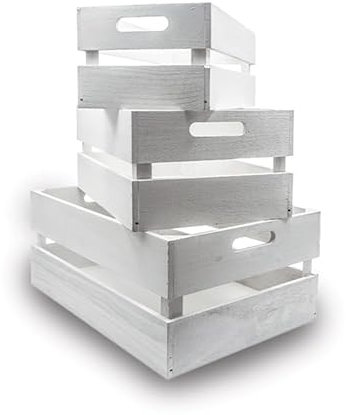 Virsus Set 3 Cassette in Legno Impilabili 6281, misure 32x18x12,5cm, 37x23x15cm, 42x28x17cm, Cestini Portaoggetti Decorativi con Maniglie, Scatola organizer per camera, cucina, bagno (Bianco)