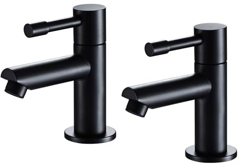 Wasserrhythm Basin Pillar Taps Pair Black Twin Bathroom Sink Taps Monobloc Matte Black Brass Cloakroom Faucets Traditional Mono 2PCs Hot and Cold Water Tap 1/4 Turn Cross Lever