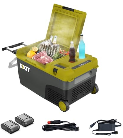EXIT 20V Outdoor Mini-Kühlschrank EX100, Kompressor, 23L, -20°C, 2×4Ah Akku | 12/24V DC & 100–240V AC, bis 10 Std. Kühlung, Rollen, USB, LED, Flaschenöffner, ideal für Camping und Grillpartys