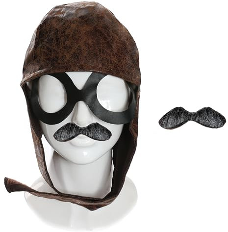 Fliegermütze für Erwachsene, Motiv: Großvater der 1940er Jahre, braune Fliegermütze mit angenähter Brille, grauer Tash – Erwachsenenkostüm zum Welttag der Buchwoche