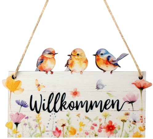 WOKICOR Targa in Legno Welcome - Insegna da Porta Bifacciale con Hello Spring, Decorazione Primaverile Rustica per Ingresso, Regalo Perfetto per Nuova Casa o Festività