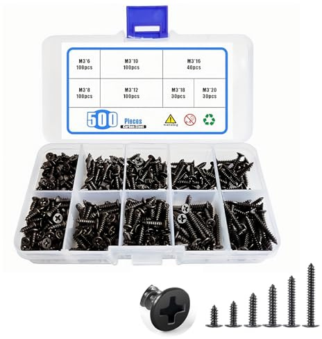 YanBous 500-teiliges selbstschneidendes Schrauben-Sortiment-Set, Edelstahl-Senkkopf-Torx-selbstbohrendes Schrauben-Set, Trockenbauschrauben-M3, 6/8/10/12/18/20 mm (Schwarz)