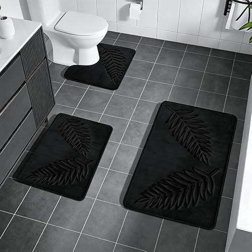 Xafrstyu Badezimmerteppich Set 3 Teilig, Duschmatte Badematte rutschfest, Weiche Badvorleger Saugfähige Duschvorleger, 40×60cm Badvorleger, 40×50cm WC Vorleger, 50×80cm Kleiner Badematten (Schwarz)