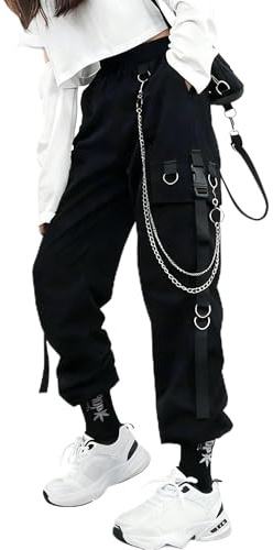 YINGWIN Pantalon de combat gothique taille haute steampunk multi-poches décontracté streetwear avec chaîne pour femme