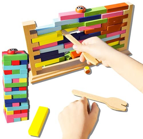 Stapelturm & Wackelmauer aus Holz für Kinder ab 3 Jahren, Geschicklichkeitsspiel für die ganze Familie,, 48 Bauklötze, 1 Würfel, 1 Holzrahmen, 2 Schiebestöcke