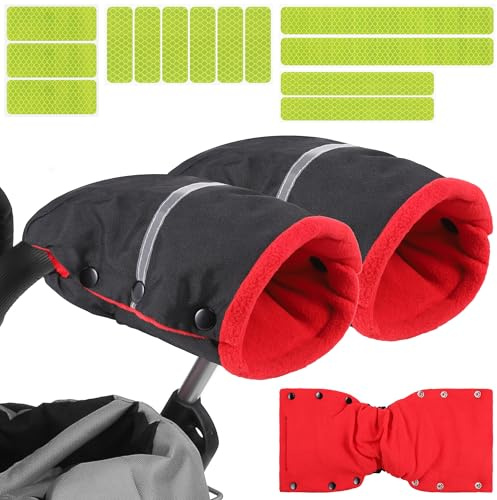 Guanti Passeggino, Impermeabile Scaldamani Passeggino Uso Oxford, Passeggino Coprimani con 13 adesivi riflettenti Guanti per Passeggino Inverno Accessori Passeggino Universal (Rosso)