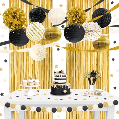 NICROLANDEE Schwarze Gold Partydekorationen, 22 Stück Gold Metallische Folienfransen Hintergrundvorhänge Papierlaternen Seidenpompons Deko für 2025 Silvesterparty Weihnachten Geburtstag Abschlussfeier