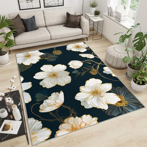 BEQUTIY Area Rug 160x230cm Golden Chrysanthemum Bedroom Rugs, Flowers Black Background Carpet, Printed Polyester Anti Slip Carpet, For Living Room Bedroom Dining Room Indoor Rugs Home Decor