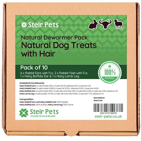Natural Dog Treats with Hair - Natural Dog Dewormer Pack containing Rabbit Ears with Fur for Dogs, Lamb Leg, Buffalo Ear and Rabbit Feet (Pack of 10)