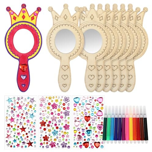 Abaodam Spiegel-Bastelset Diy-Handspiegel Holzhandwerk 8 Stück Kinder-Kronenspiegel Kompaktspiegel Prinzessinnen-Geburtstagsparty-Dekorationen