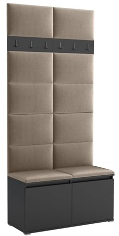 Brent - Garderobenschrank Flur Schwarz mit sitzbank 100 cm Breit Luton 1 - Multifunktionale Flurgarderobe Set mit Stauraum und Wandpaneel, Garderobe mit Sitzfläche und Kleiderhaken