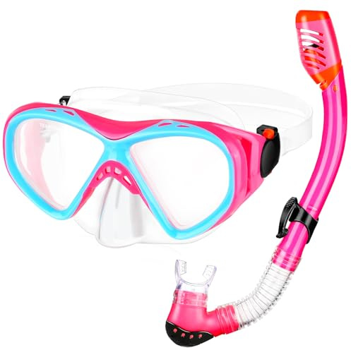 Set da snorkeling per bambini, con top asciutto, per bambini e bambine, età 5-15 anni, anti-appannamento, anti-perdite, maschera per immersioni subacquee, occhialini da nuoto con copertura per il naso