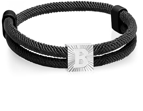 Segeltau Armband Herren mit Buchstaben Surferarmband - Schwarz Segler Nylon Surf Armbänder mit Initial A-Z Buchstabe, Verstellbares Surfer Armband Geschenke für Männer Junge Geburtstag