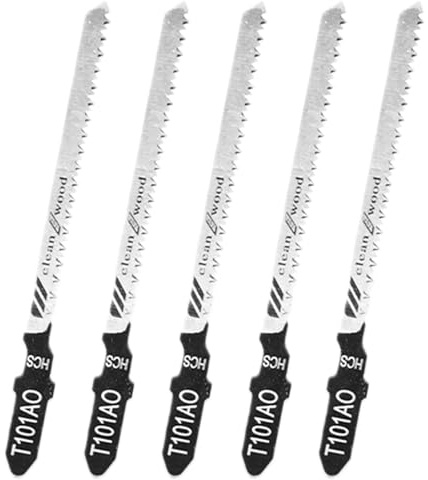 RLMVGBX T101AO Wood Scroll Cutting Jigsaw Blades, Pack of 5 | High Carbon Steel T101AO Jigsaw Blades, Reverse Tooth, Universal T-Shank, Clean Scroll Cut for Wood & Laminate, 5 Pack