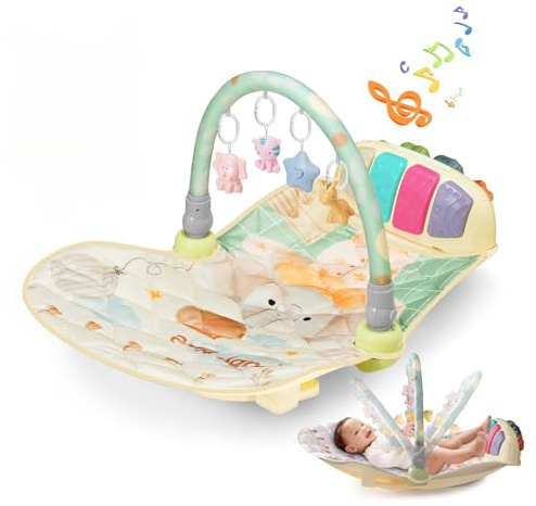 Baby Spielmatte mit Piano Musikspielzeug, 3-in-1 Baby Activity Gym & Krabbelmatte, Ei-förmiges Baby Gym mit 4 Hängespielzeugen, Lern- & Sensorik Spielmatte für Neugeborene und Säuglinge