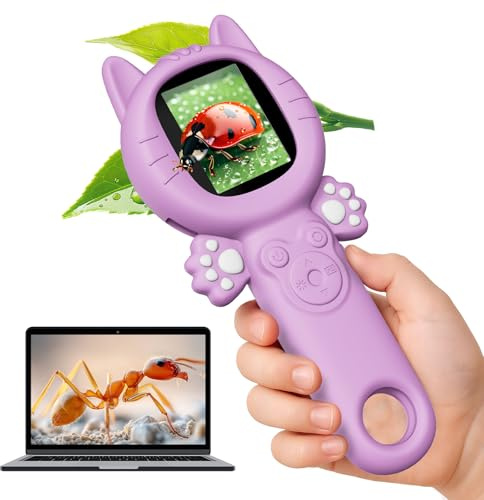 HUTACT Microscopio digitale portatile per bambini: lente d'ingrandimento portatile 500 x con fotocamera a schermo da 2 pollici, regalo di compleanno per bambine da 3 a 12 anni, con scheda di memoria