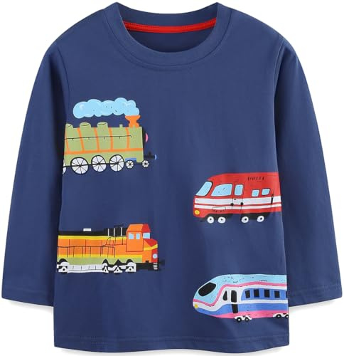 EULLA Kinder Jungen Langarmshirt Kleinkind Langarm Baumwolle Herbst Winter T-Shirt Warm Rundes Auto Zug Dunkelblau Basic Tops für 7 Jahre 122