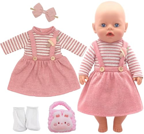 Xerteam Dockkläder 43 cm, söta och söta dockklänningar, dockklädeset för 30–45 cm babydockor, docktillbehör – remklänning, hårband, kaninrosa väska, strumpor (rosa)