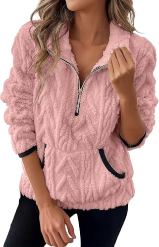 Crsiphee Women's Sherpa Fleece Pullover Half Zip Plush Teddy Fleece Sweatshirt with Pockets Cozy Oversized Winter Outwear for Fall and Winter 2026 Pink XXL