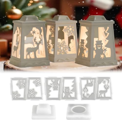 Silikonform Weihnachten Laterne, Silikonformen Gießformen Weihnachten Kerzenhalter, Gießformen Silikon Weihnachtslaterne mit Weihnachts Mustern, Gießform Weihnachten für DIY Weihnachtsdeko Laterne (B)