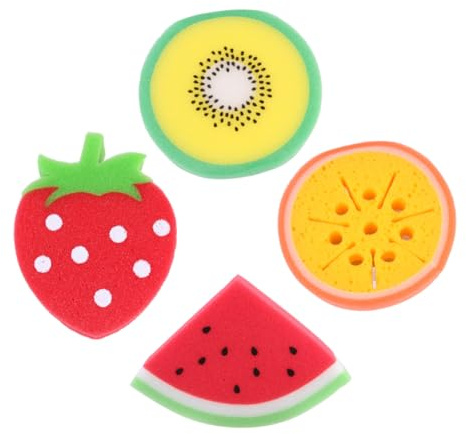 PACKOVE Spugne da Bagno Set 4 Pezzi per Ragazzo Ragazza in Schiuma Pu Morbida Forma di Frutta Taglia Portatile per Pulizia Completa del Corpo