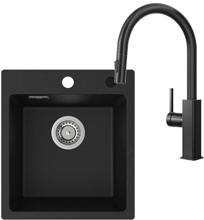 CECIPA Lavello in granito nero, 40 x 45 cm, con rubinetto da cucina, allungabile, in acciaio inox, rettangolare, lavello da cucina, lavello da incasso, lavabo da cucina con rubinetto per lavello