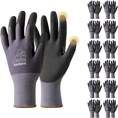 toolant Nitril-Arbeitshandschuhe mit MicroFoam-Beschichtung, atmungsaktives Nylon, rutschfester Griff, touchscreenfähig, ideal für Garten, Lager & Automobil, Grau (L, 12 Paar)