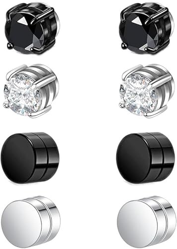 4 Pairs Magnetic Earrings, Studs Stainless Steel, Magnetic Earring for Men, Fake Earring, Round Cubic Zirconia Magnet Earrings Set, Non Piercing for Women Men Birthdays, Anniversaries.