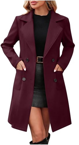 OVARA Winter Jackets for Women Double-Breasted Long Wool Coats Elegant Work Office Longline Jackets with Pockets Ladies Lapel Collar Casual Overcoat Warm Trench Coat