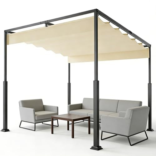 Ferzone Metall Pergola 3x4m mit Schiebedach PA-beschichtetem Polyester UV Schutz, Gartenpavillon Wasserdicht mit stabilem Stahlgestell, Terrassendachung Sonnenschutz für Terrasse Balkon, Beige