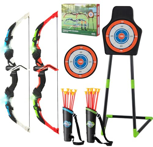 SPOTRAVEL Kids Bow and Arrow Set, 2 Pack LED Light Up Archery Toy Set