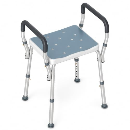 Sgabello Doccia Regolabile con Braccioli Imbottiti | SUPPORTA 150KG, 6 altezze 57-69 cm, sedile EVA, telaio alluminio, drenaggio rapido, bagno doccia vasca, ANTISCIVOLO