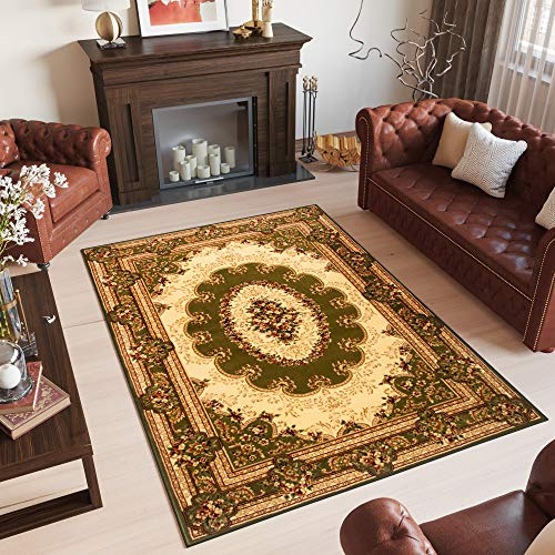 TAPISO Yesemek Teppich Klassisch Kurzflor Wohnzimmer Orientalisch Floral Medaillon Muster Bordüre Grün Beige Creme Barock Design ÖKOTEX 200 x 300 cm