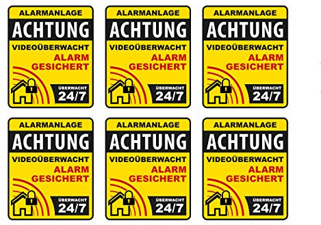 6 Stück Premium Aufkleber Alarmgesichert Alarmanlage Videoüberwacht 24/7 Hinweis Witterungs- und UV-Beständig