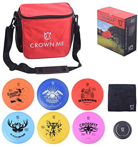 CROWN ME Disc Golf Set with 6 Discs and Mini Disc and Starter Disc Golf Red Bag