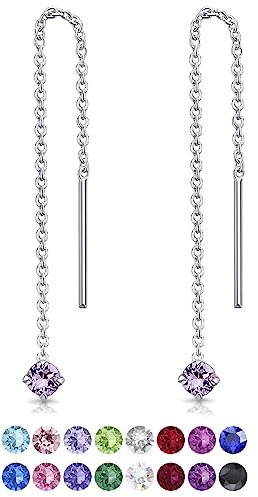 DTPsilver® PETITES Boucles d'oreilles Pendantes à chaîne Barre en Argent Fin 925 avec 3 mm Cristaux de Swarovski® Elements Ronds - Couleur: Violet