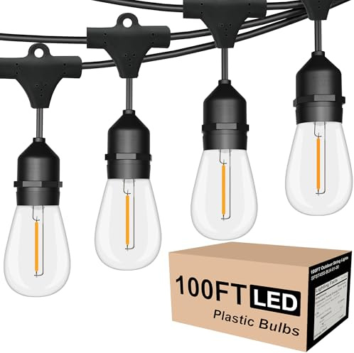 Outdoor String Lights LED 100FT Commercial Grade Heavy Duty Light String Lights with 30 Sockets 32 Shatterproof Plastic Bulbs Include 2 Spare S14 Dimmable Edison Bulbs Patio Market Cafe Light