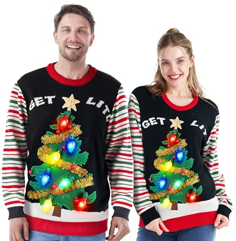 JOYIN Pull Moche de Noel Femme Pull Noel Famille Lumineux LED Pull Noël Moche Drole Hiver Chaud Col Rond Renne Sweat Arbre de Noël Noir XL