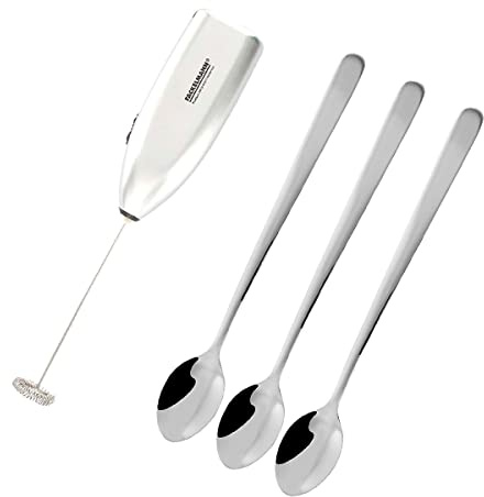 Set Fackelmann para Café, Incluye 1 Espumador de Leche Fackelmann para Mezclar Bebidas y Hacer Espuma en Pocos Segundos, Juego de 3 Cucharas Largas para Bebidas, 19 cm