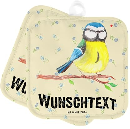 Mr. & Mrs. Panda Personalisierte Topflappen Vogel Blaumeise - Geschenke, Personalisiert, Personalisierter Ofenhandschuh, Liebe Grüße, mit Namen, Ostern, Set, Topfuntersetzer, Ostergrüße, Frühling