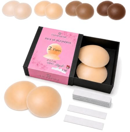 GLINDIHOME Pack 2 Pares de Pezoneras Adhesivas Invisibles de Silicona Reutilizables -Incluye 4 Cubre Pezones+30 Tiras de Cinta de Doble Cara Ropa+Caja Protectora. Nipple Cover.