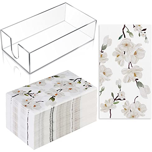 Outus 100 Pcs Floral Magnolia Paper Hand Towels with Acrylic Napkin Holder
