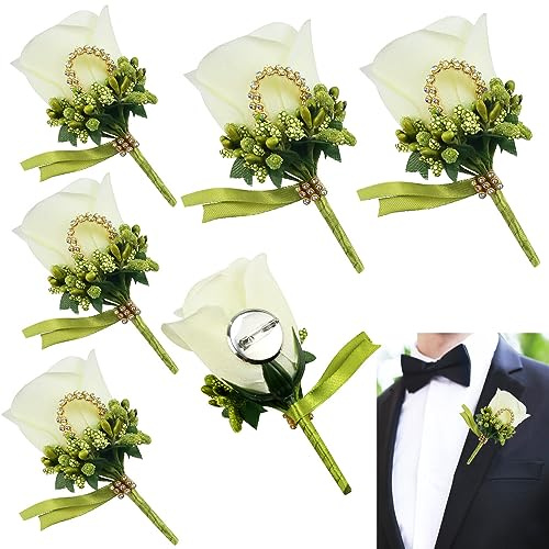 JUNMEIDO 6 Stück Boutonniere Rose Weiß Hochzeit Boutonniere Handarbeit Corsage Knopfloch Blumen Künstliche Hochzeit Prom Bankett Blumen Dekor mit Schleife & Clip für Bräutigam Herren Braut Frauen