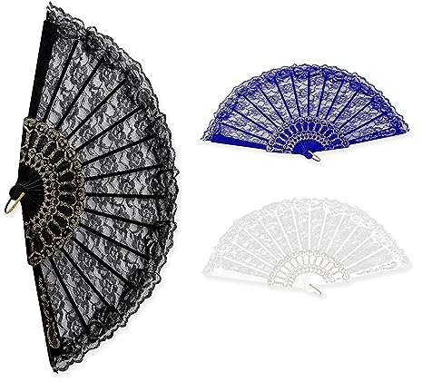 Eowppue 3 Pcs Lace Hand Fan Folding Wedding Fans Single Layer Foldable Fan for Women Girls Halloween Dress up Costume Dancing Party Decoration Fan for Wall Decoration (mixed color)
