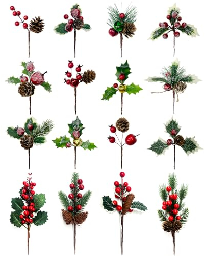 RoadLoo 16 Pezzi Natale di Rami di Pino Artificiale con Pigne,Plettri di Pino Artificiali Rami di Pino Bacche di Aghi di Pino Natale Artificiale Pino Picks Natale neve Aghi di Pino con Bacche Rosse