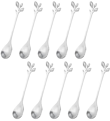 uxcell 10Pcs Stainless Steel Leaf Coffee Spoon 4.8 Small Tableware Dessert Spoons Stirring Mixing Spoons for Ice Tea, Coffee, Dessert, Silver