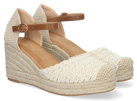 shoes&blues.es 82554-Sandalia de Cuna para Mujer, Forrado de Yute, Pala Trenzada, y Cierre de Hebilla.. Talla 39 Beige