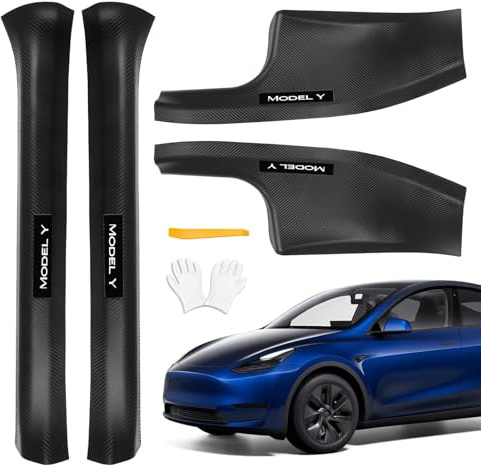 4 Pcs Door Sill Protector for Tesla Model Y 2019-2024 5 Seater - Carbon Fiber Scuff Plate Guards with Installation Kit Front & Rear Pedal Kick Protection Fit for Tesla Model Y Accessories
