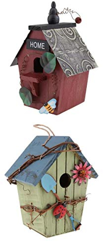 Vogelhaus aus Holz, bunt, für kleine Vögel, Gartenornamente, Blau und Rot, 2 Stück