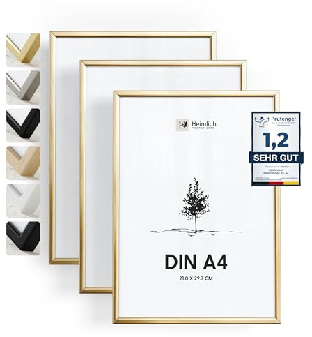 Heimlich Aluminium-Fotorahmen – DIN A4 21 x 29,7 cm, Gold, 3er-Pack | Heimlich® – Robuste Metallrahmen Für Dokumente, Zertifikate, Diplome – Wandhalterung Oder Tischaufsteller